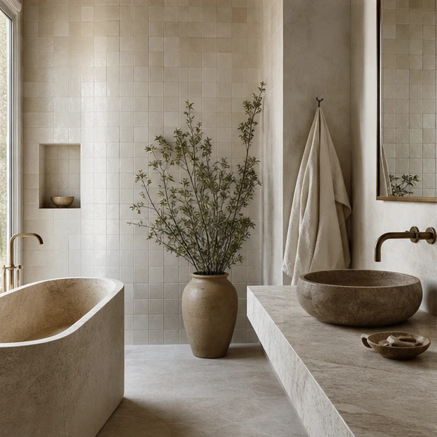 Concept serene bathroom with restrained tile palette