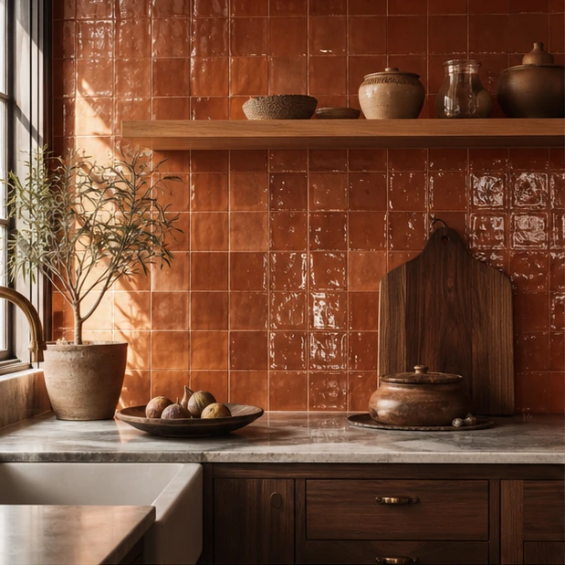 Concept kitchen interior with warm handmade tile